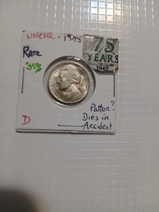 Uncirculated 1945 D Jefferson War Nickel - 35% Silver  - Picture 1 of 3