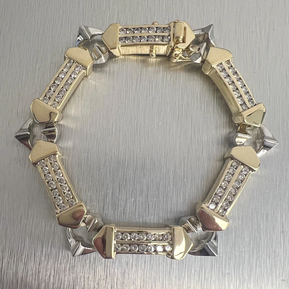 Brazalete de eslabones de barra de diamantes de oro blanco y amarillo de 14 k 2,00 ctw 7,00" 44,3 g Foto 1 de 4