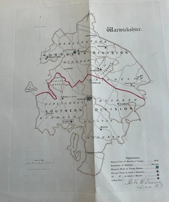 MAPA ANTIGUO DIVISIONES NORTE Y SUR DE WARWICKSHIRE 1832 LEY DE REFORMA DAWSON GRANDE Foto 1 de 3