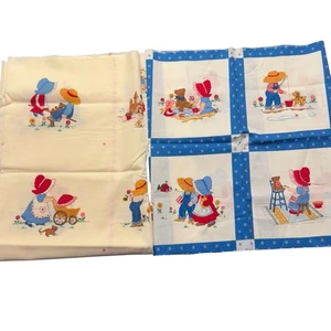 Vintage Holly Hobbie Muslin Cotton Fabric Sewing Remnants 38" x 42" & 16” X 42” - Picture 1 of 5