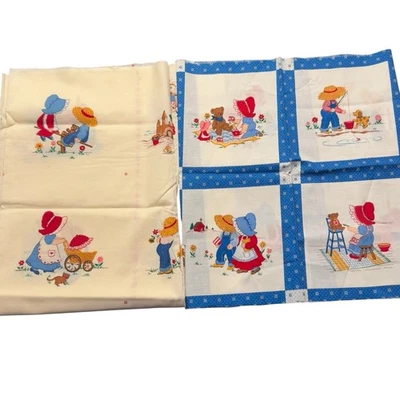 Vintage Holly Hobbie Muslin Cotton Fabric Sewing Remnants 38" x 42" & 16” X 42” - Image 1 of 4