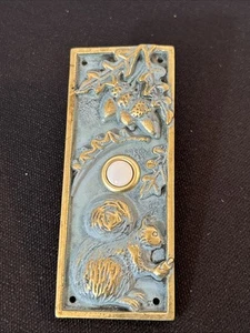 Brass Door Bell Plate Squirell Acorns Nuts Leaves Blue Push Button - Picture 1 of 7