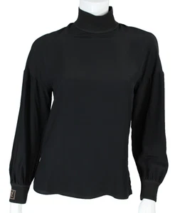 FENDI Black Crepe Ribbed Knit Trim Zucca Logo Cuff Turtleneck Blouse 38 - Picture 1 of 6