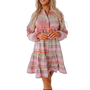 Aztec Tiered Boho V-Neck Midi Dress Balloon Sleeve M Pink Layered Spring Summer - Picture 1 of 4
