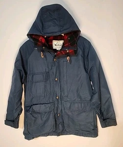 Giacca cappotto Woolrich anni 70 donna grande blu foderato a quadri con cappuccio lavoro campo LEGGI - Foto 1 di 18