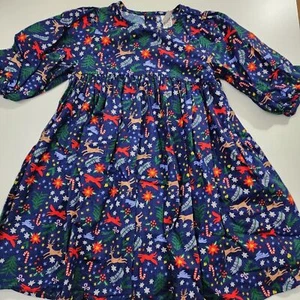 Girls Hanna Andersson Christmas Holiday Navy & Red Reindeer Print Dress Size 8 - Picture 1 of 8