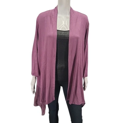LOGO by Lori Goldstein Knit Cardigan w Pleated Chiffon Petite 3XP Plus Size Plum - Image 1 of 4