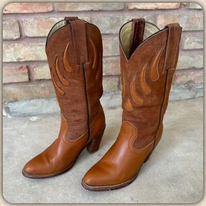 1980s Vtg FRYE Cowgirl Russet Leather Western Boots 6 B Cowgirl High Heel Cowboy - Picture 1 of 16