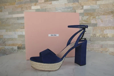 Miu Ue 40 Plateau Sandalias Zapatos Cáñamo Azul Marino Nuevo Antiguo - Imagen 1 de 4