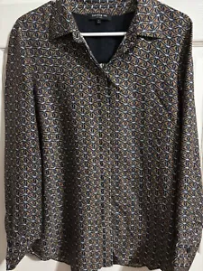 Camicetta donna Lafayette 148 New York manica lunga grande 100% seta marrone navy - Foto 1 di 4