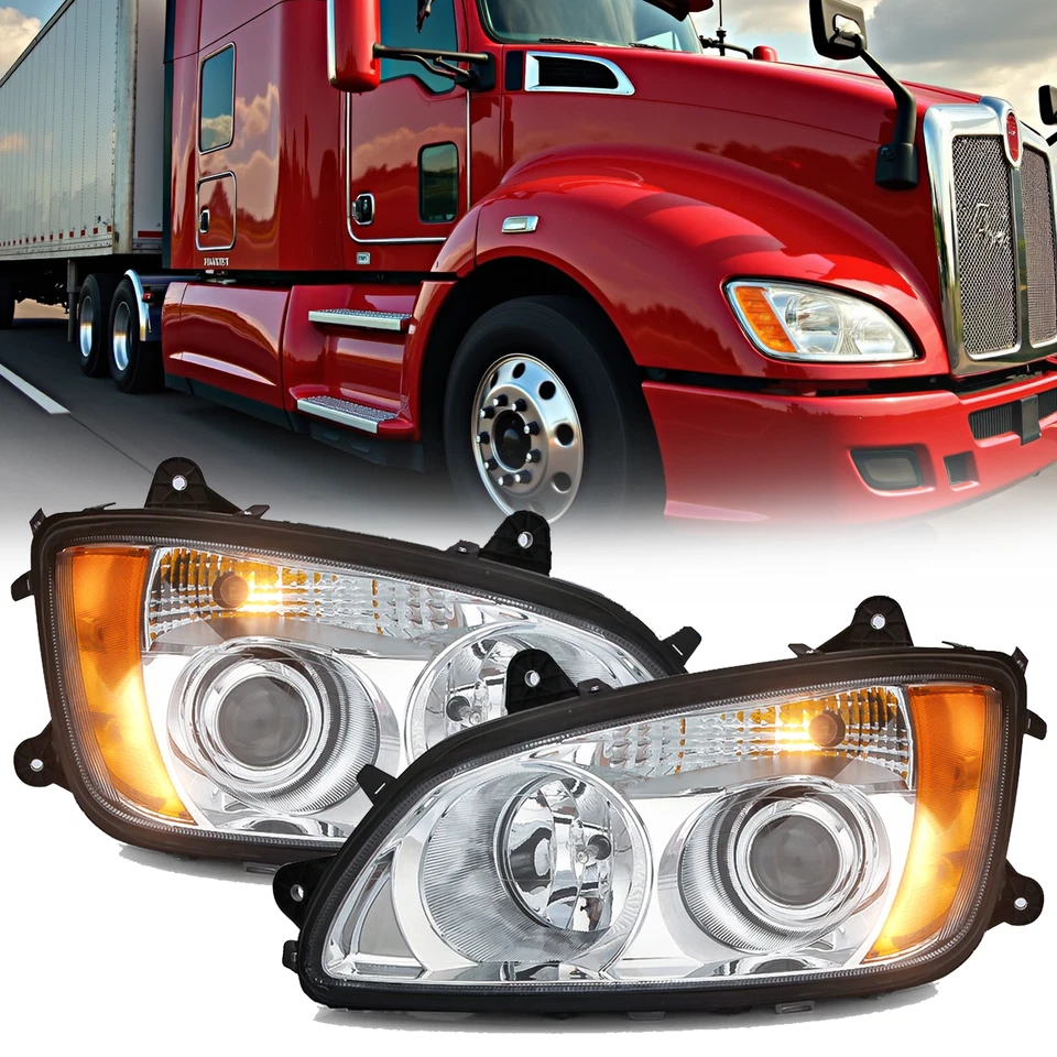 Para 2008-2017 Kenworth T660 Par Projetor Cromado Conjunto de Pares de Faróis Esquerda+Direita - Imagem 1 de 4