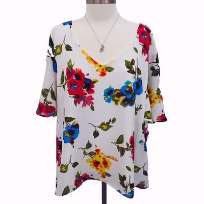 Женщин 2 X белый цветочный v-образным вырезом чистый с подкладкой блузка трепетать рукав богемное Spring Top - Изображение 1 из 4