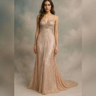 Vintage Dave & Johnny Silk Formal Dress 1/2 Light Pink Metallic Beaded Fairy - Image 1 of 4