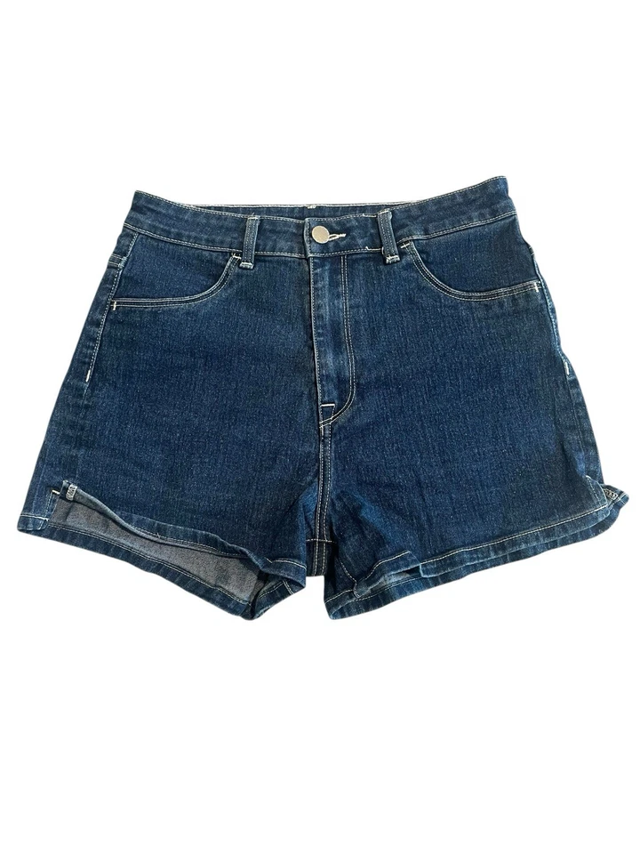 Pantalones Cortos H&M Mamá Tiro Alto Denim Mujer Talla 6 Azul Oscuro Blanco Puntada Elástica Foto 1 de 4