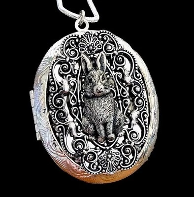 Collar medallón conejito conejo Art Nouveau pastillero colgante, cadena de plata de ley Foto 1 de 4