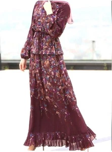 Annah Hariri Singapore Modest Floral Print Maxi Dress Maroon Sz 16 NWT no slits - Picture 1 of 18