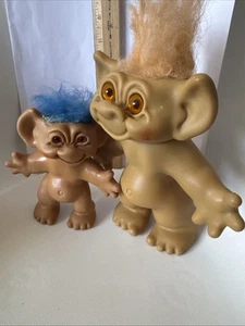 Vintage 1960’s Uneeda Wishnik 5.5 & 9” Troll Doll Lot Of 2 Amber Eyes Blue Hair - Picture 1 of 20