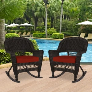 Jeco Rocker Wicker Chair in Espresso with Red Cushion (Set of 2) - Picture 1 of 10