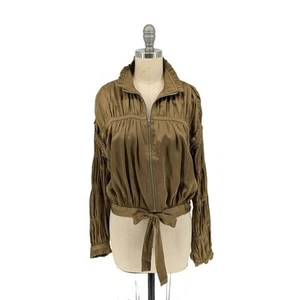01514 Current Air Ruched Satin Zip Bomber Jacket Green size XS bohemian moto - Picture 1 of 9