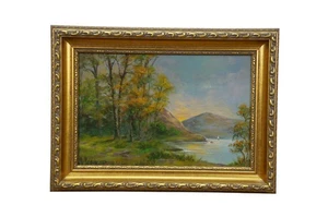 Antigua pintura al óleo de paisaje de lago de montaña Gustave Gutgemon a bordo 15" - Imagen 1 de 11