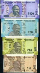 India, Set of 4 Notes 100,50,20,10 Rupees, Latest Issue Banknote, UNC - Picture 1 of 6