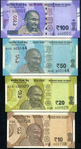 India, Set of 4 Notes 100,50,20,10 Rupees, Latest Issue Banknote, UNC Cover