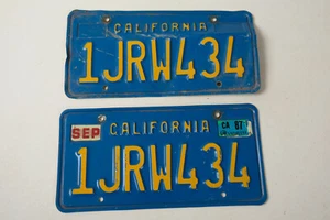 California License Plate Pair Blue Yellow (G3R) 1JRW434 Sep 1987 Tags 1980s - Picture 1 of 7