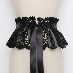 Ladies Lace Belt Satin Ribbon Obi Wide Dress Waistband Floral Hollow Out Tie Up - Picture 1 of 14