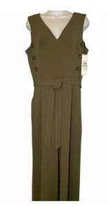 CALVIN KLEIN V-Neck Cropped Jumpsuit Side Button Bodice, Olive Green Size 14 NWT - Picture 1 of 10