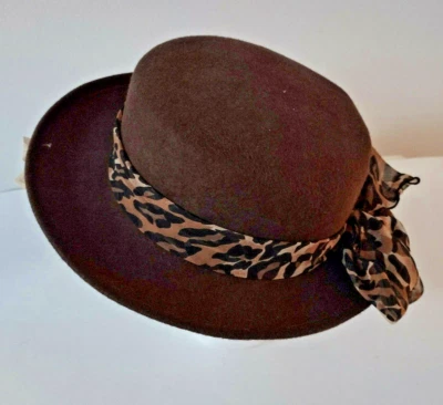 Sombrero de fieltro de lana marrón Arlin con estampado animal hecho en EE. UU. Mujer Antiguo Stock de tienda Foto 1 de 4