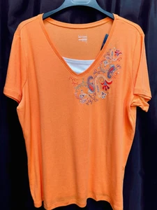 2X BASIC EDITIONS COTTON BLEND KNIT EMBROIDERED 2-FER TOP T-SHIRT NEW OLD STOCK - Picture 1 of 7