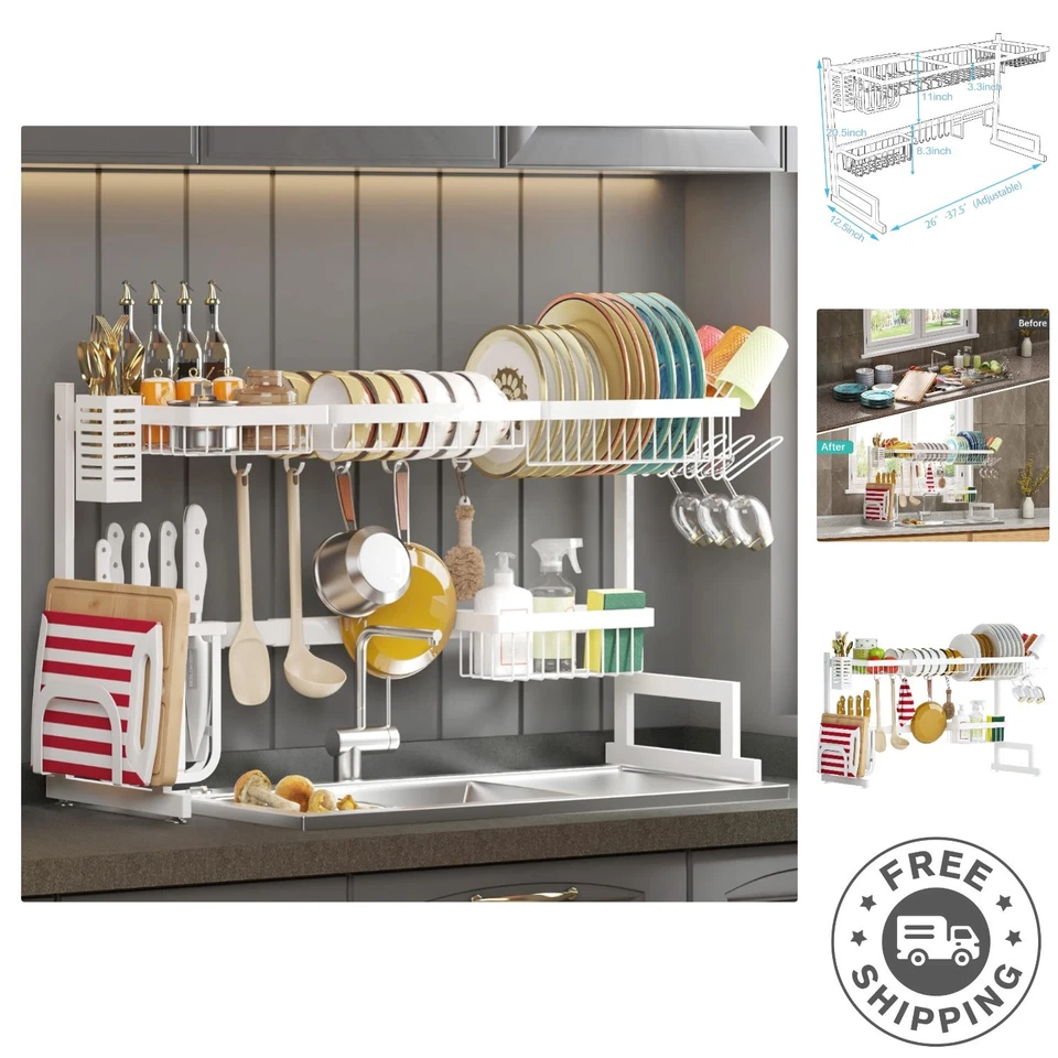 Настраиваемая сушилка для посуды над раковиной — нержавеющая сталь, устойчивая к ржавчине, 2-уровневая стойка - Изображение 1 из 4