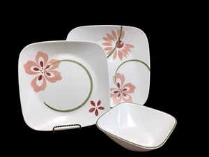 12-Pc Corelle Vitrelle PRETTY PINK Square 4 Dinner 4 Salad Lunch Plates 4 Bowls - Picture 1 of 8