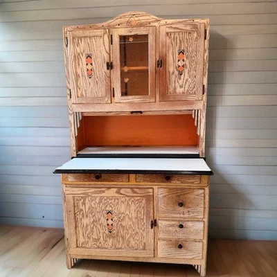 Antique Oak Hoosier Kitchen Cabinet w/ Enamel Top & Glass Door - 70.5” Tall. - Image 1 of 4