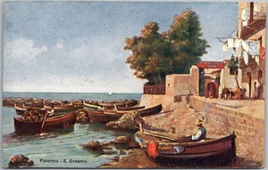 Barcos postales antiguos atracados cerca de la pasarela costera Palermo, Italia años 20 - Imagen 1 de 2