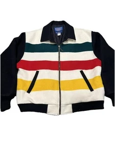 Vtg Pendleton Coat BAY STRIPES Wool Blanket Coat Bomber Jacket Mens Large HBC - Picture 1 of 18