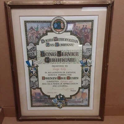 VINTAGE FRAMED SO. METRO. GAS CO. 25 YR SERVICE CERTIFICATE..1931 - Image 1 of 4