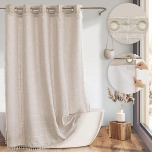Farmhouse Shower Curtain with Snap-In Liner, No Hooks Needed,Boho Fabric Shower - Picture 1 of 5