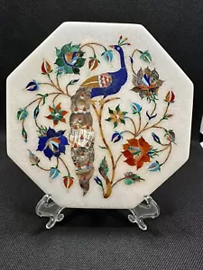 Sottobicchiere da tè ottagonale 7" intarsiato pavone decorativo marmo bianco accento piastrelle - Foto 1 di 11