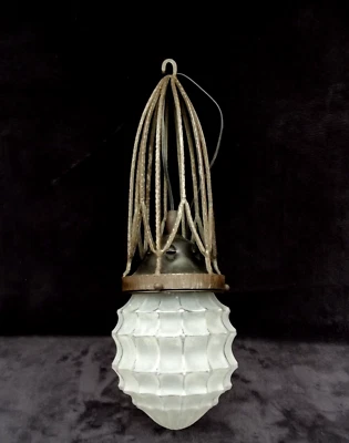 Ancien Plafonnier Suspension fer forgé globe verre dépoli non Majorelle art déco - Photo 1/4