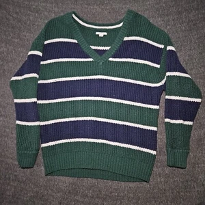 American Eagle Outfitters V Neck Knit Sweater Striped Green Blue XL Christmas - Picture 1 of 5