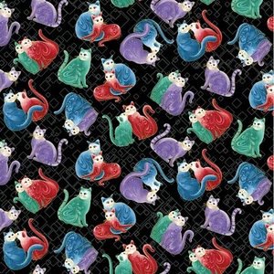 Fabric Cats Mardi Gras Mini Watercolor Black BERNARTEX Cotton 1/4 Yard 7557MB-12 - Picture 1 of 1
