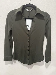 NWT ZARA Women’s Olive Green Long Sleeve Collared Button Down Shirt Blouse XS - Picture 1 of 5