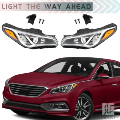 Fit For 2015 2016 2017 Hyundai Sonata Chrome Halogen Headlight Headlamp Pair - Image 1 of 4