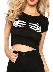 Women Ladies Halloween Short Cap Sleeve Skeleton Hand Skull Print Crop Top 8-26 - Picture 1 of 5