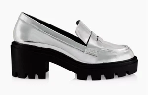 Schutz Voila Silver Metallic Leather Loafers 7.5 New in Box - Picture 1 of 6