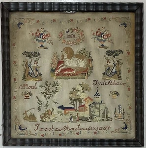 Antique French Needlework Sampler Dog,Vases,Flowers,House,Anchors,People C1858 - Picture 1 of 11