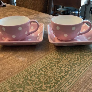 Pampered Chef Help Whip Breast Cancer Pink Polka Dot 2 Mugs and 2 Square Plates - Picture 1 of 2