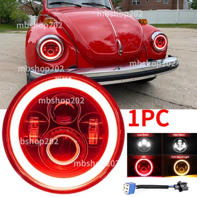 Fit VW Beetle 1950-1979 7" Inch Round LED Headlight Hi/Low Beam Red Halo DRL 1x - Image 1 of 4