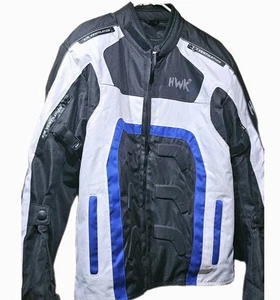 HWK MOTOSPORTS-Blk/Wht/Blue, Mens Zip-Out Lined, Armoured Motorcycle Jacket-(L) - Picture 1 of 10